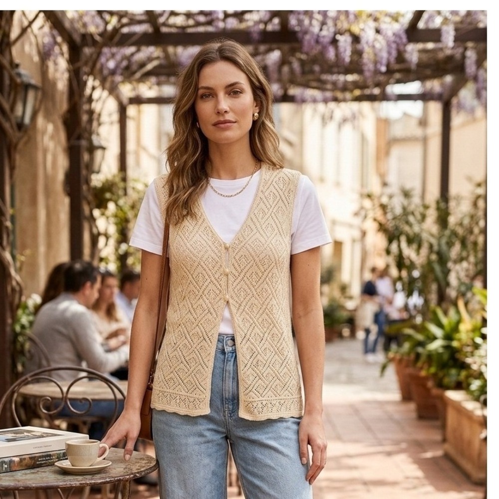 Lizsport Petite Vintage Cream‎ Pointelle Knit Shimmer Sweater Vest PM